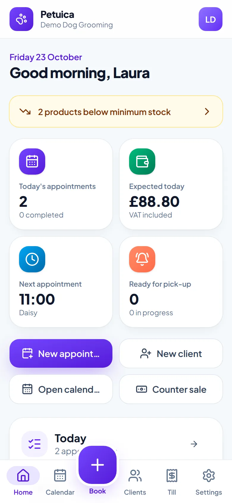 Petuica home screen on a phone: today’s appointments, expected takings and stock alerts