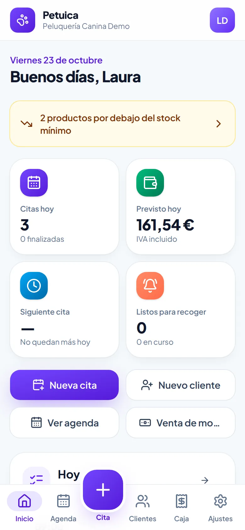 Pantalla de inicio de Petuica en el móvil: citas de hoy, caja prevista y avisos de stock