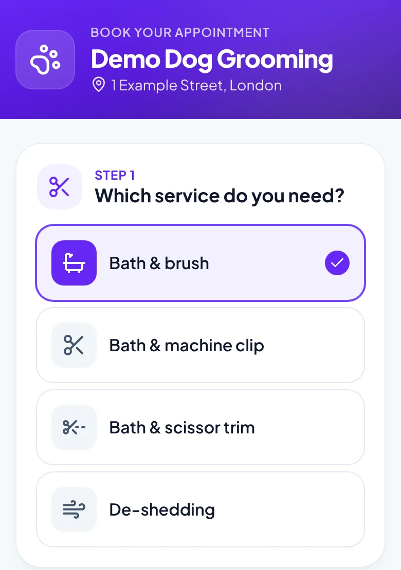 Petuica online booking on a phone: the customer picks a service